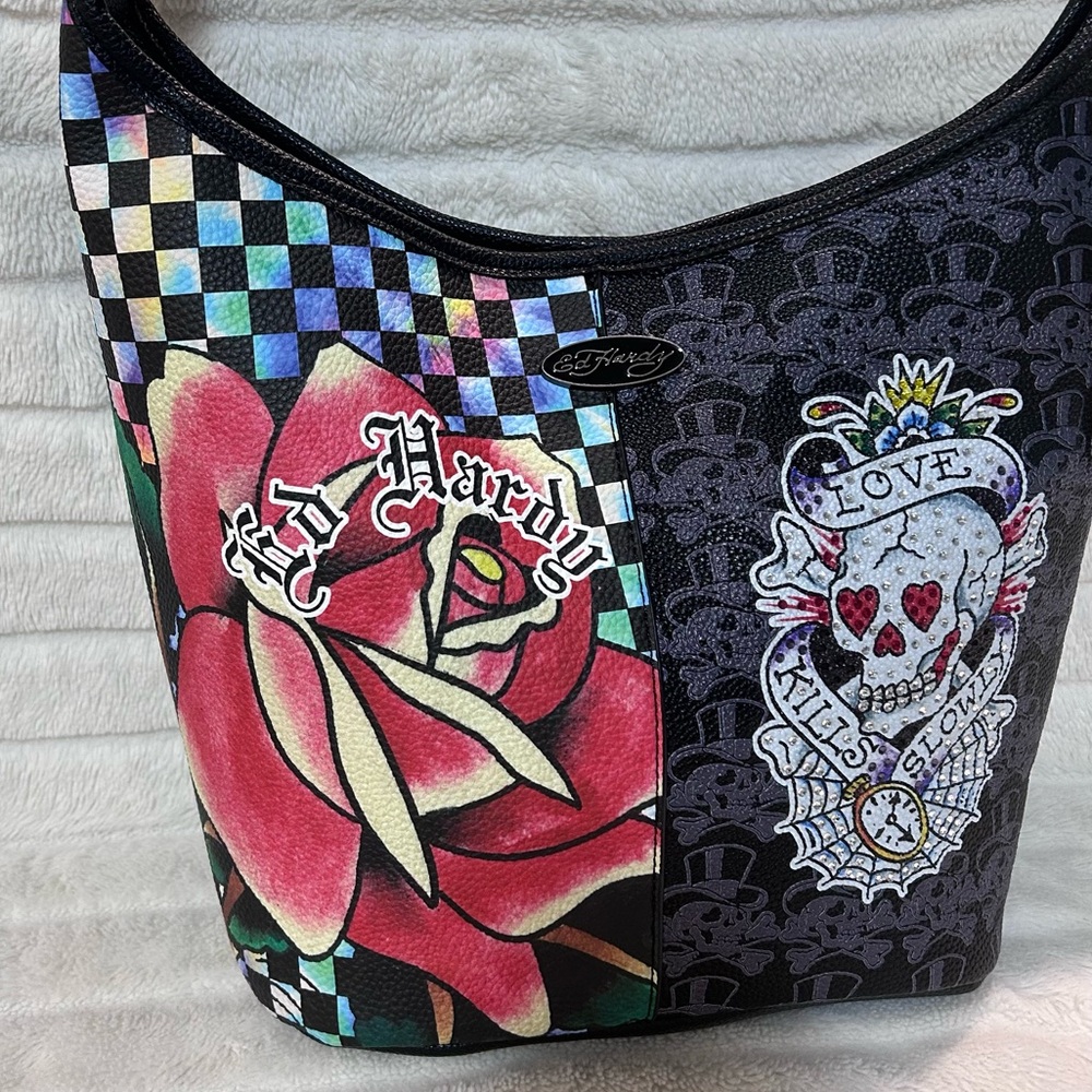 Ed Hardy “Love Kills Slowly” Colorful Graphic Hobo Tote with Rhinestones - Picture 3 of 13